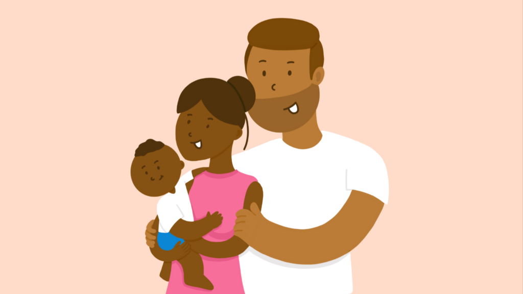 bem-estar: imagem mostra ilustração com família, da direita pra esquerda, pai, mãe e bebê no colo