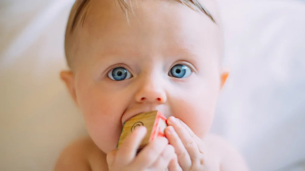 autismo: imagem mostra bebê com bloco de brinquedo na boca e olhando diretamente para a câmera