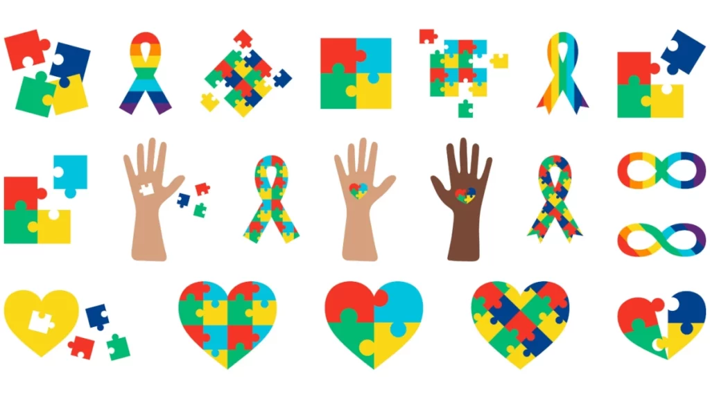 Diversos símbolos do autismo representam o espectro autista. Todos são coloridos.