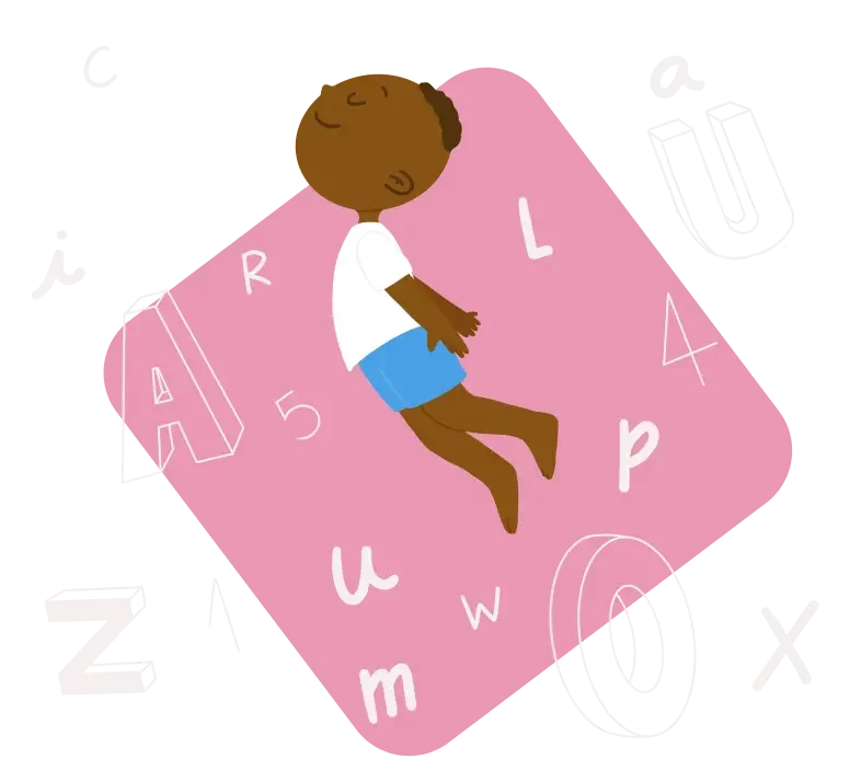 Ilustração de uma criança negra de olhos fechados flutuando.
