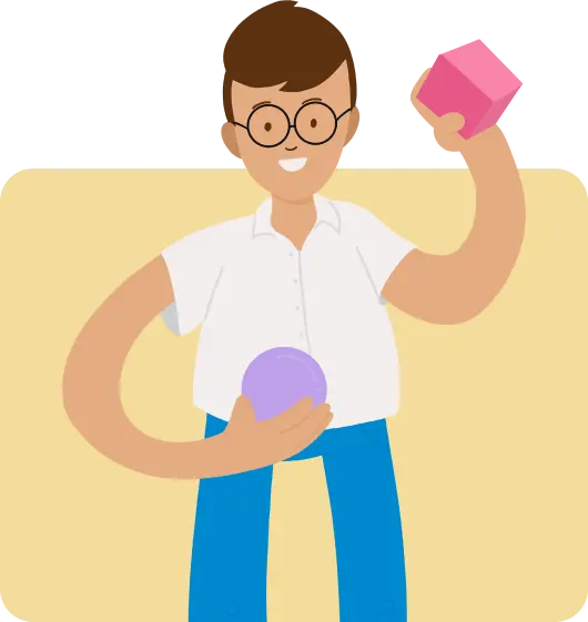 Ilustração de homem de óculos segurando uma bola com a mão direita e um cubo com a mão esquerda levantada