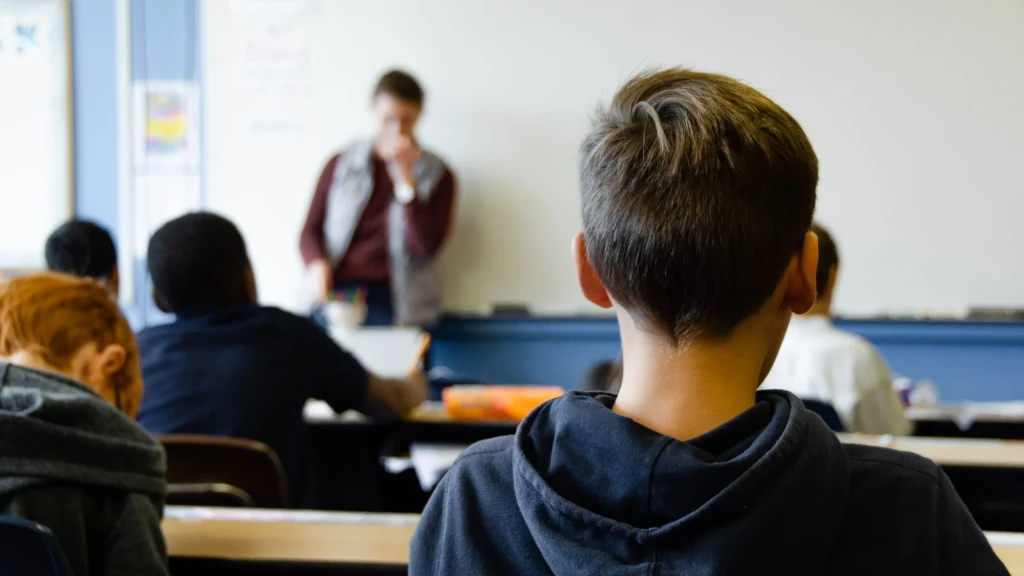 autista na educação: Crianças em sala de aula. Todas de costas para a câmera e professora à frente da turma