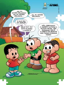 ecolalia: tirinha mostra personagem André repetindo "ah, eu adoro Melancia" e Monica explicando a Cascão sobre a ecolalia no autismo