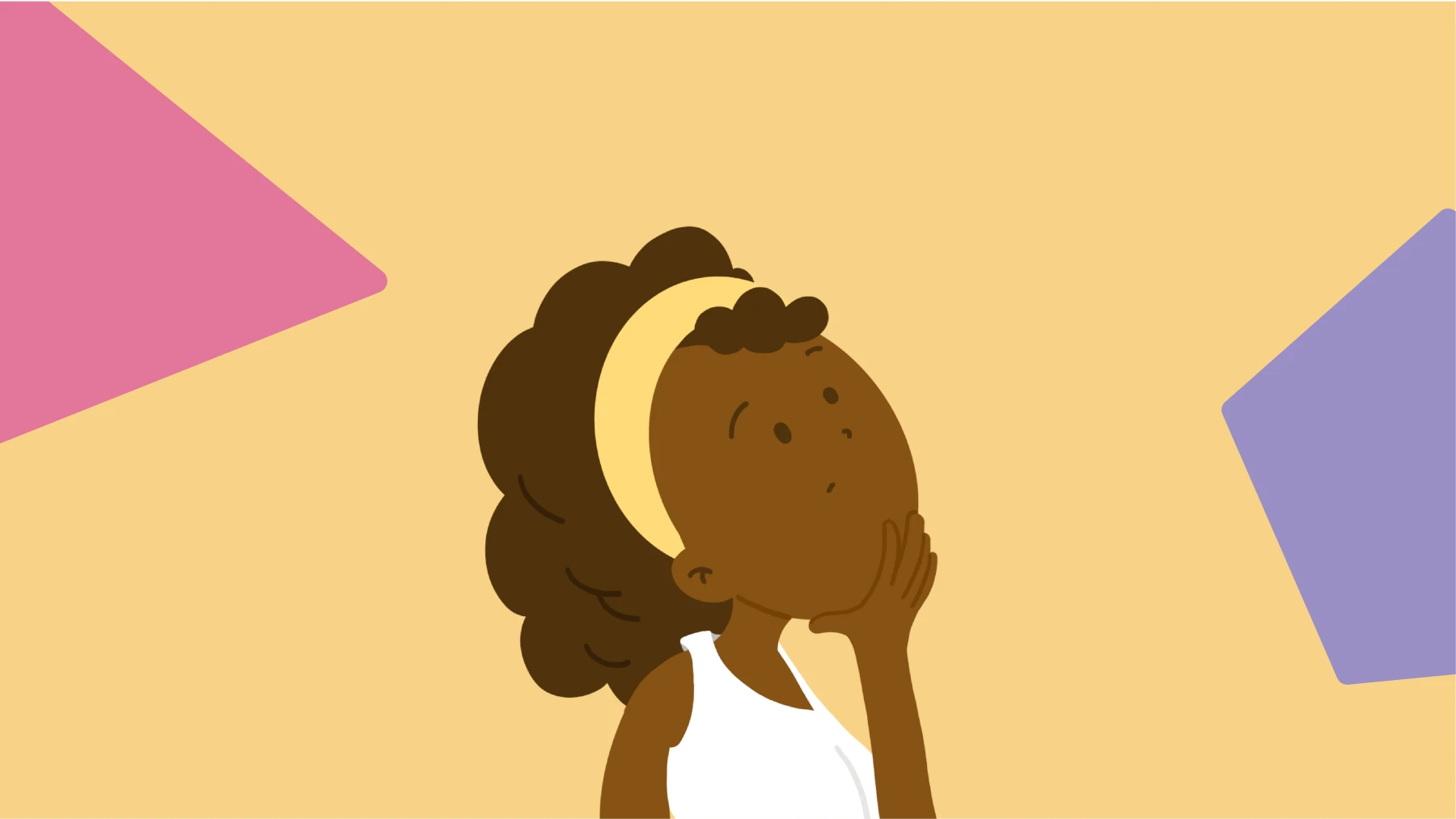behaviorismo radical: imagem tem fundo amarelo, com desenho rosa no canto esquerdo e roxo no canto direito. Ao centro, a ilustração de uma menina negra com a mão no queixo