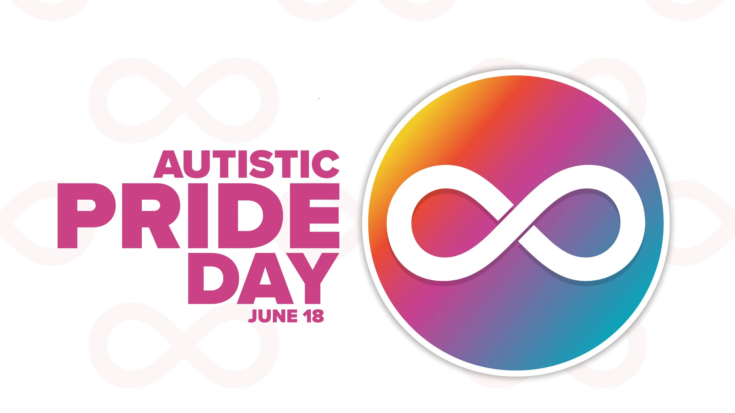 dia do orgulho autista: imagem tem o símbolo da neurodiversidade sobre um círculo colorido e as palavras "autistic pride day"