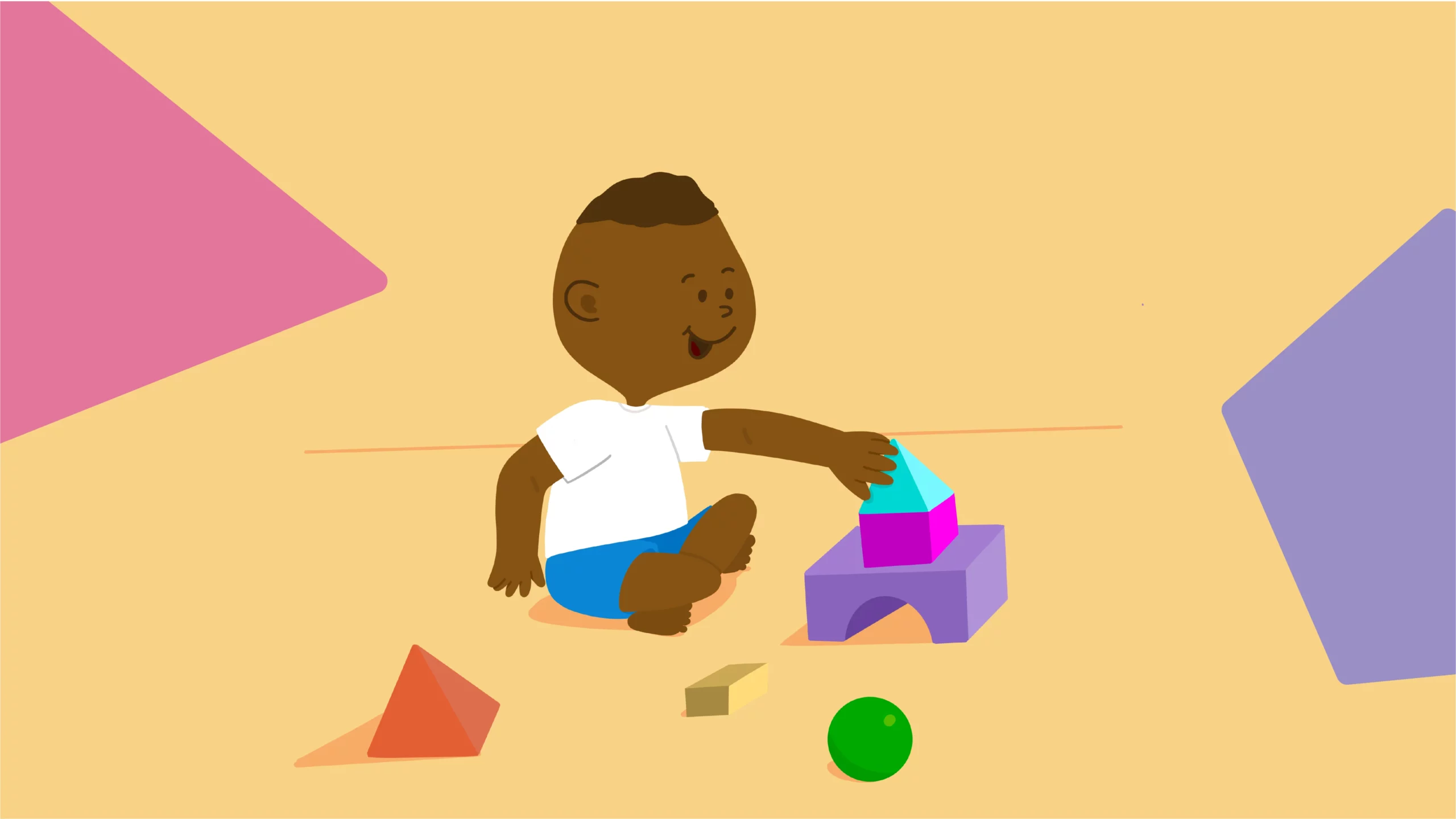 Ilustração de um menino brincando com blocos geometricamente distintos. Integração sensorial no autismo.