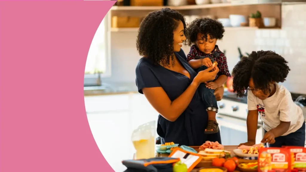 Mãe com dois filhos pequenos compartilhando o momento de preparar a refeição, estimulando a desenvolver o contato com os alimentos, erradicando a seletividade alimentar.