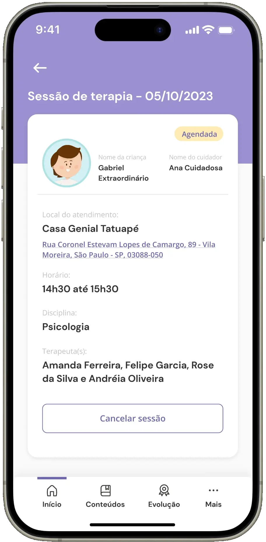 Tela do aplicativo da genial care mostrando a gestão dos horários das sessões