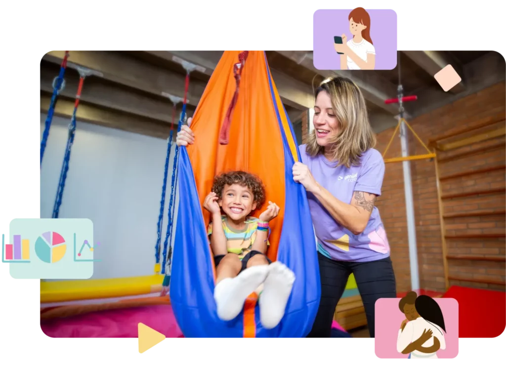 Clinica multidisciplinar: Terapeuta Genial Care balançando criança em uma rede. A Criança sorri mostrando felicidade.