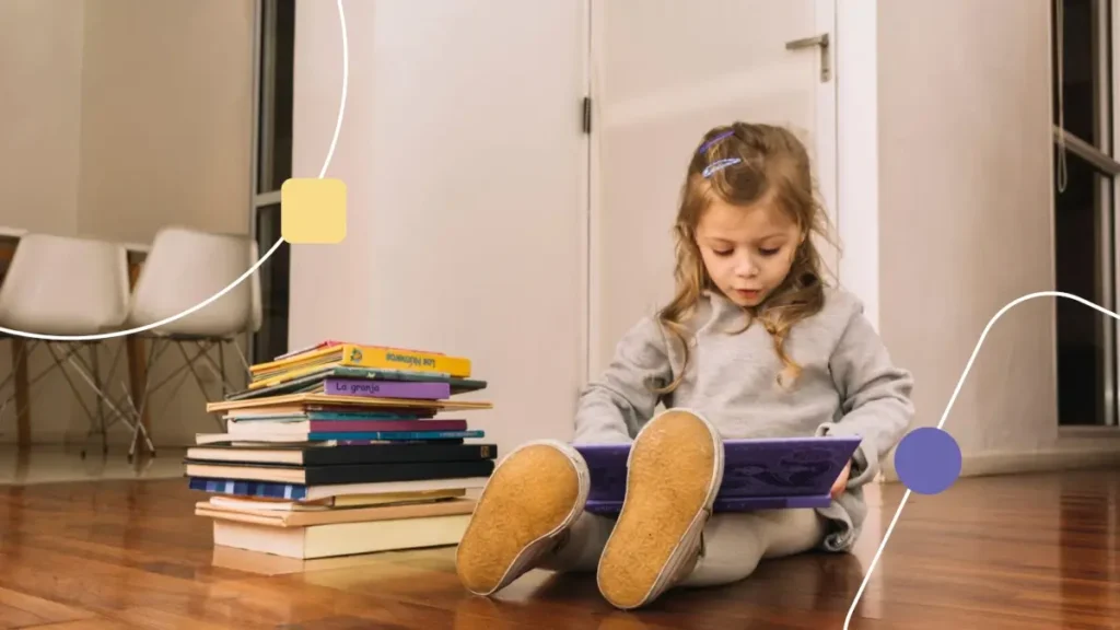 Menina com hiperlexia deitada lendo livro