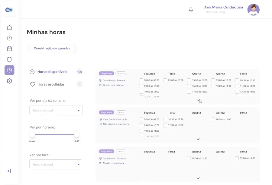 Painel da Genial mostrando horários disponíveis no agendamento