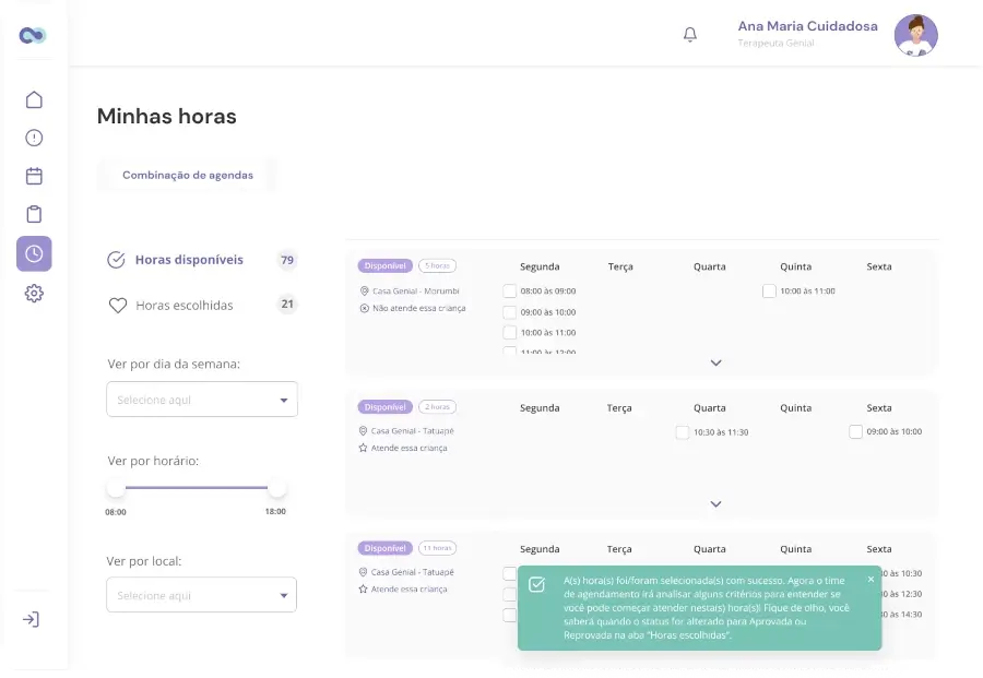 Painel da Genial mostrando como importar horários disponíveis no agendamento