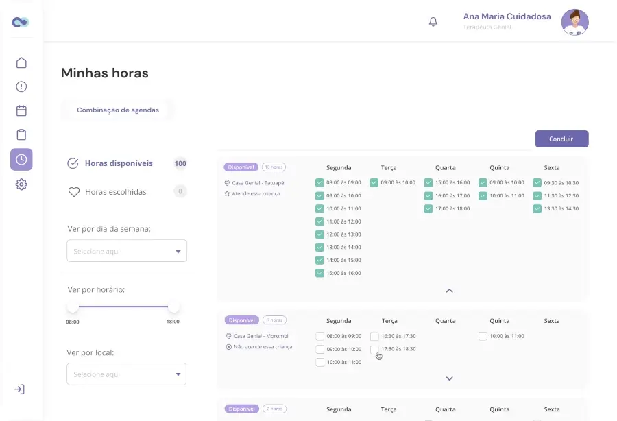 Painel da Genial mostrando como selecionar horários disponíveis no agendamento