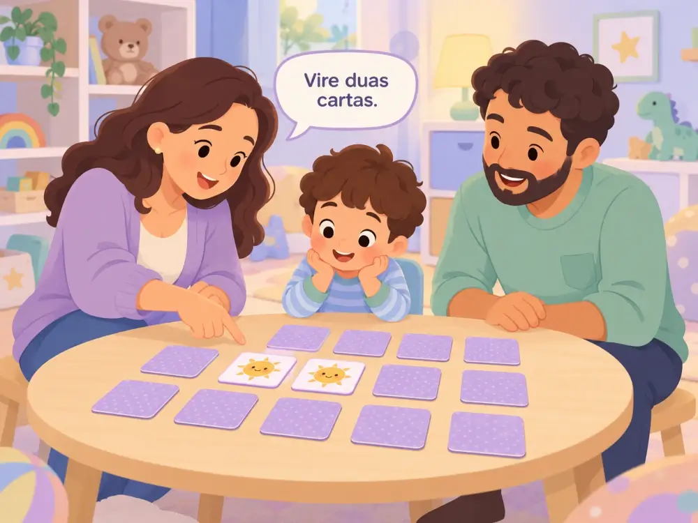 Pais felizes em ensinar brincadeiras para seu filho