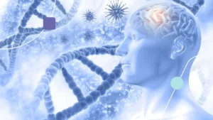 Ilustração mostrando a silhueta de uma pessoa com fitas de DNA ao fundo. Ela representa a pesquisa do doutor Dr. Muotri sobre Chumbo.