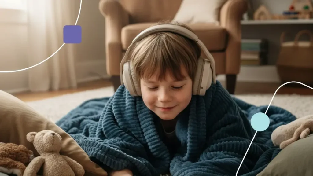 Menino deitado ao chão, coberto e com fones de ouvido. Ele tem Hipossensibilidade sensorial.