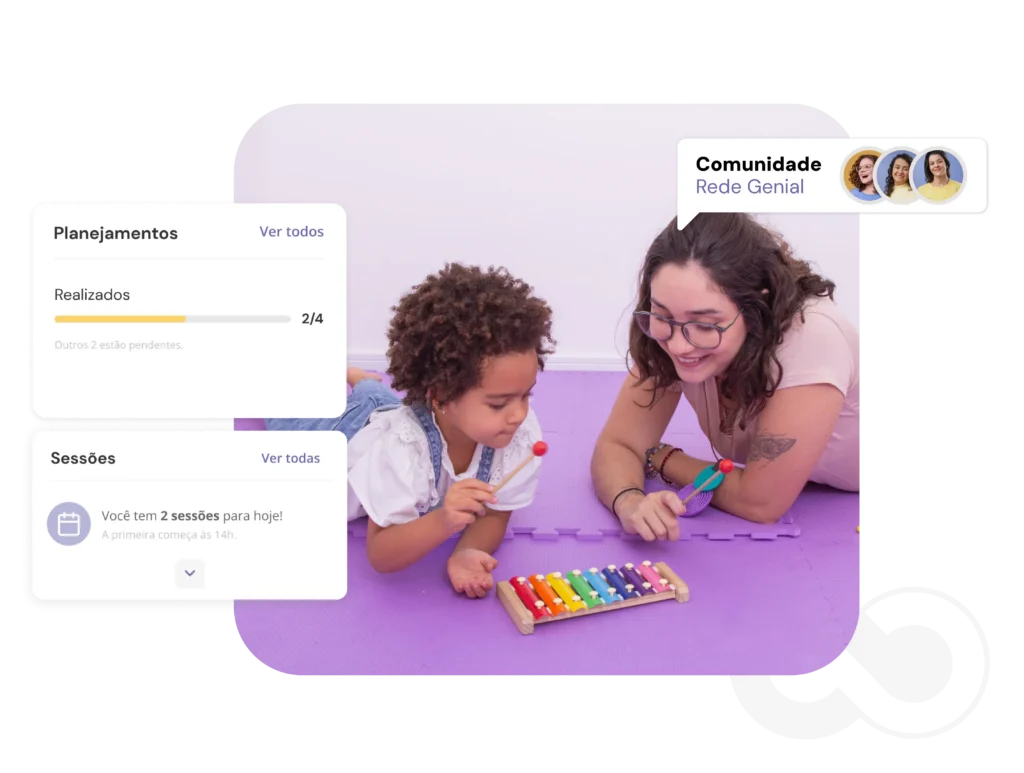 Criança e terapeuta brincando com instrumento musical.