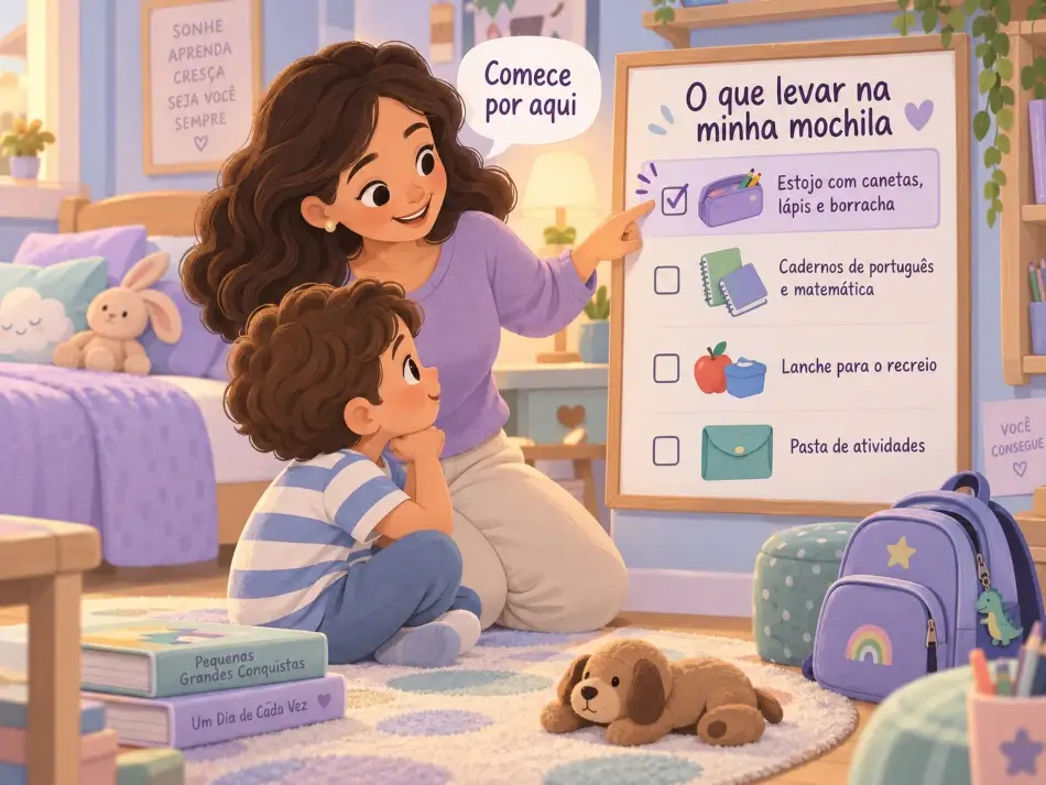 Exemplo ilustrado de funções executivas no autismo. No caso, mãe ensina filho sobre afazeres