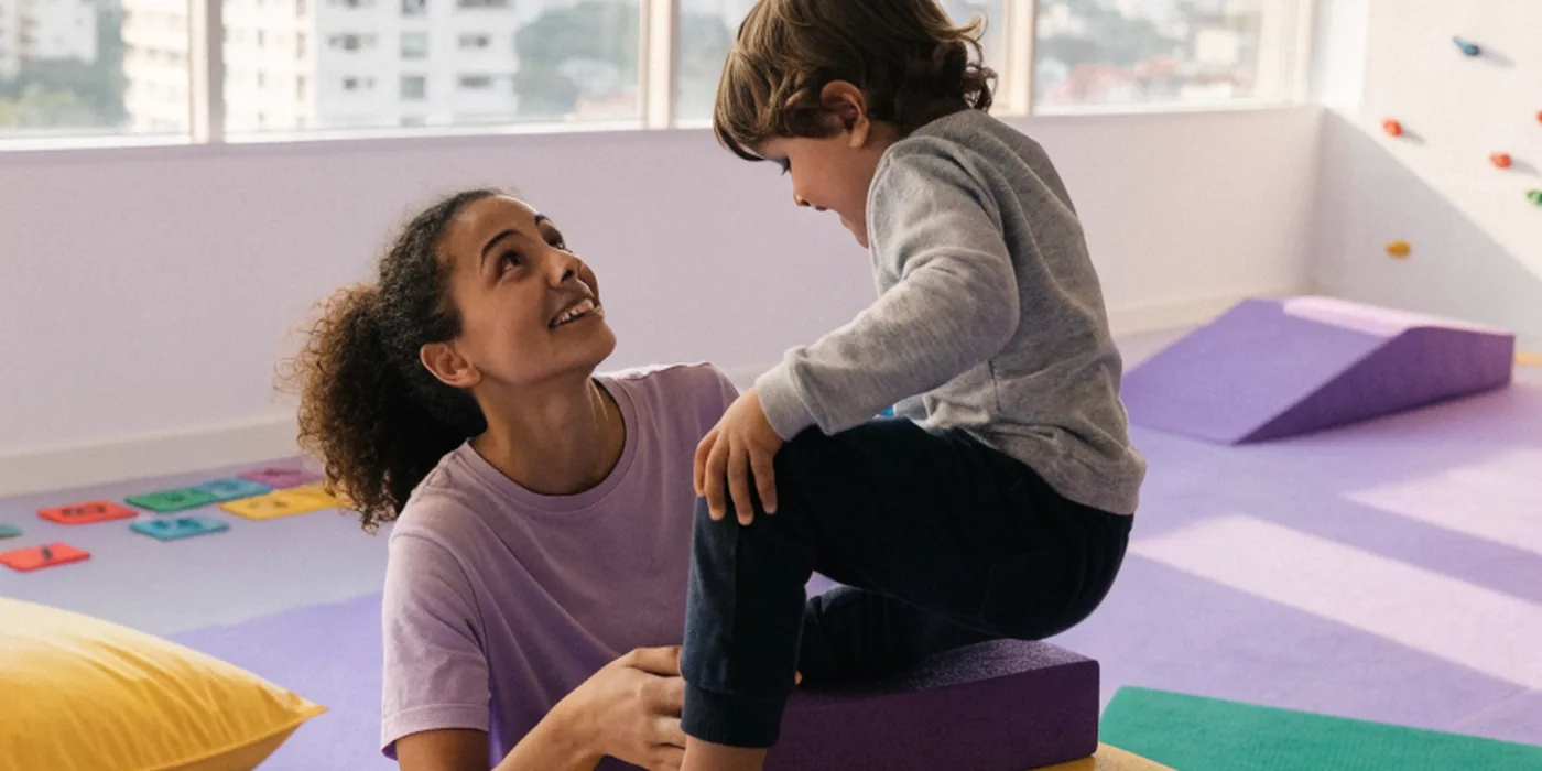 Terapeuta ocupacional e criança se olhando na sala sensorial de uma Casa Genial